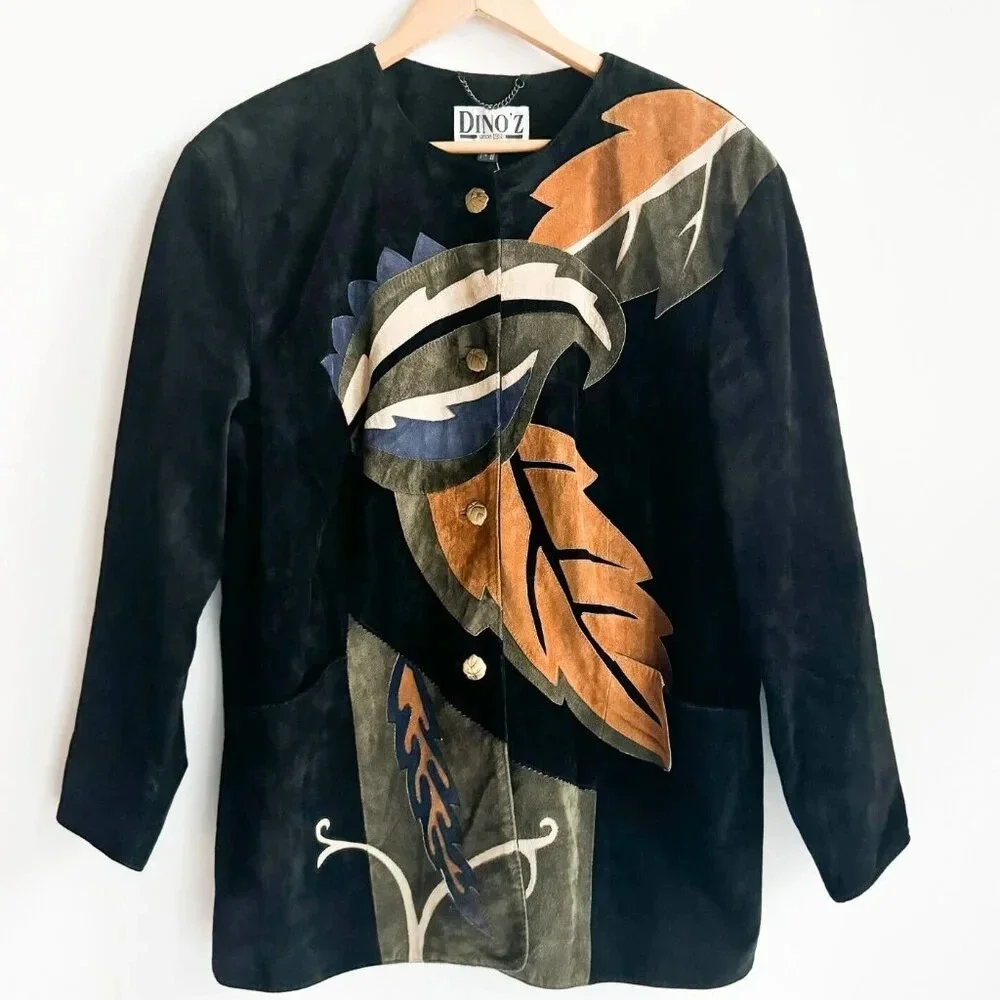 Vintage Dino'z Suede Leaf Print Patchwork Jacket 8